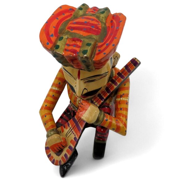 INDIAN MUSICIAN Figurine Sitar Player Wooden Handcrafted India Vintage 6" Tall - Picture 7 of 10